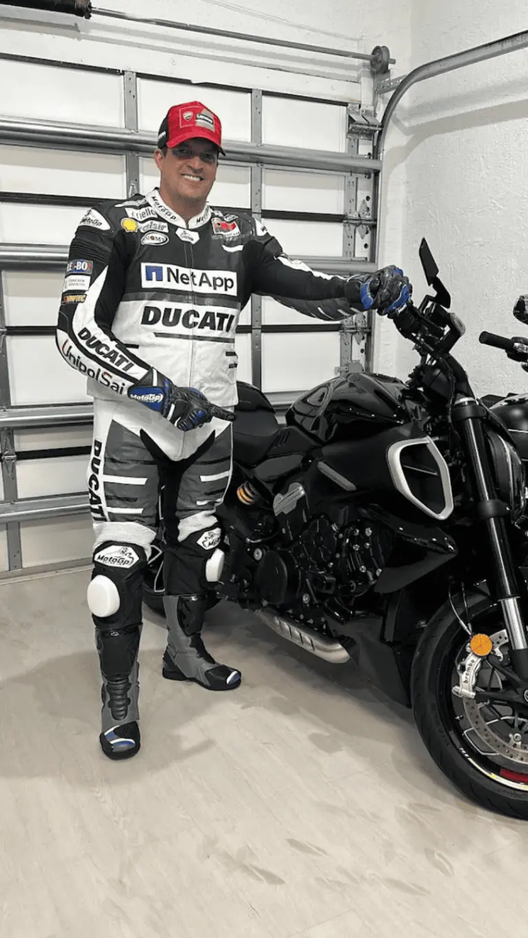 MotoGP Gears customer wearing leather jacket