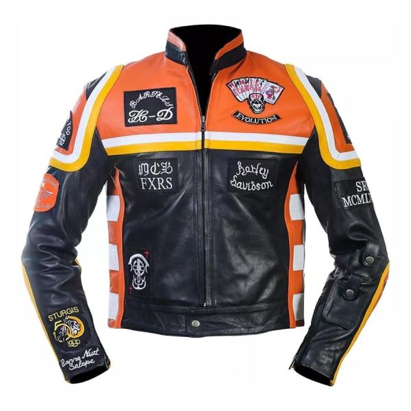 Schwarze & Orangefarbene Herren Biker Lederjacke aus Rindsleder