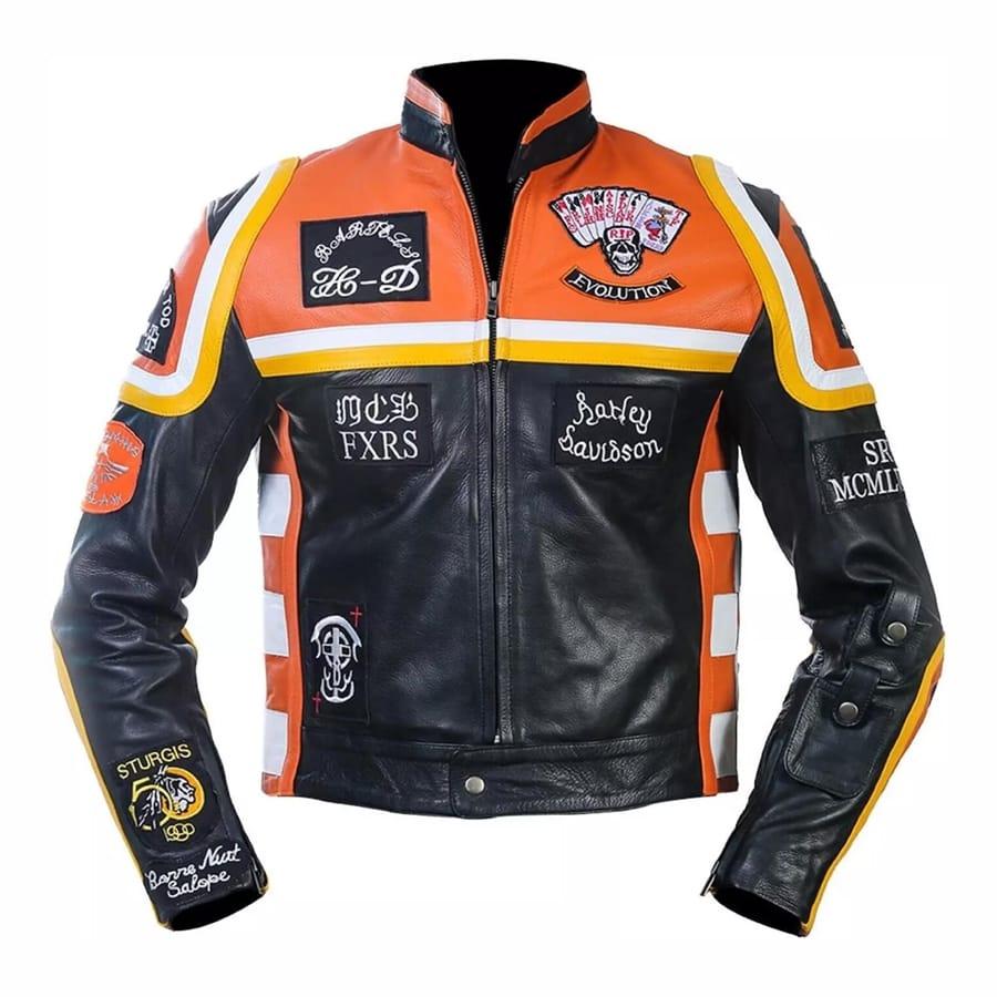 Schwarze & Orangefarbene Herren Biker Lederjacke aus Rindsleder