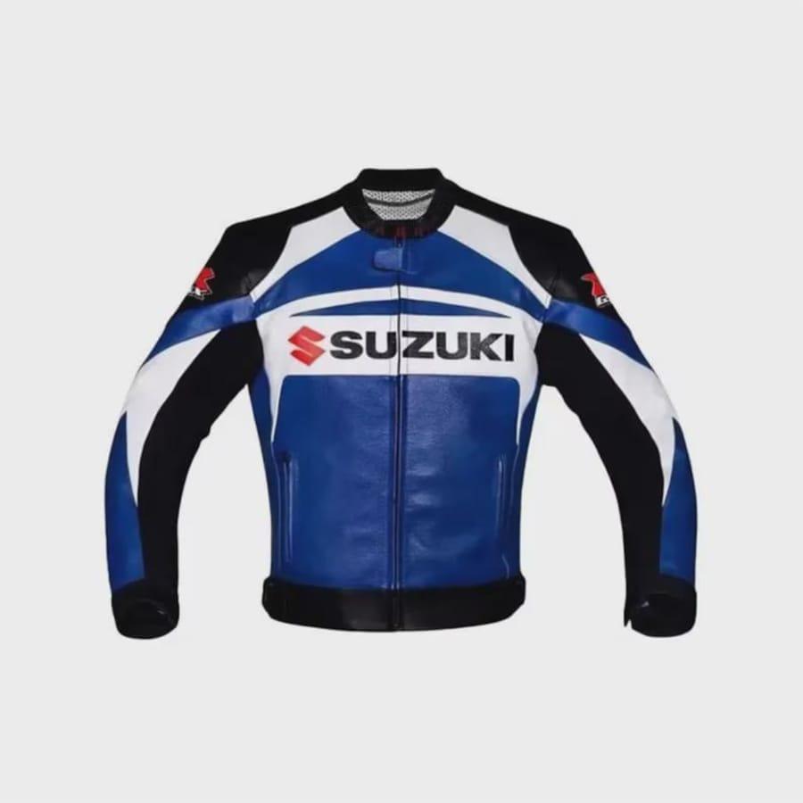 Giacca Moto in Pelle Suzuki GSX-R Nera & Blu Artigianale