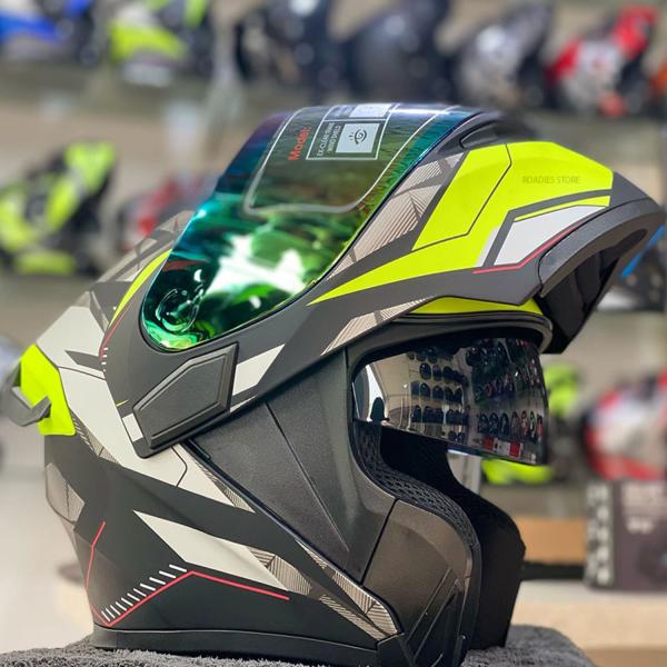 JIEKAI JK-902 Fluorescent Green Neon Dual Visor Helmet – DOT Approved with Built-In Spoiler & Red Line Accents