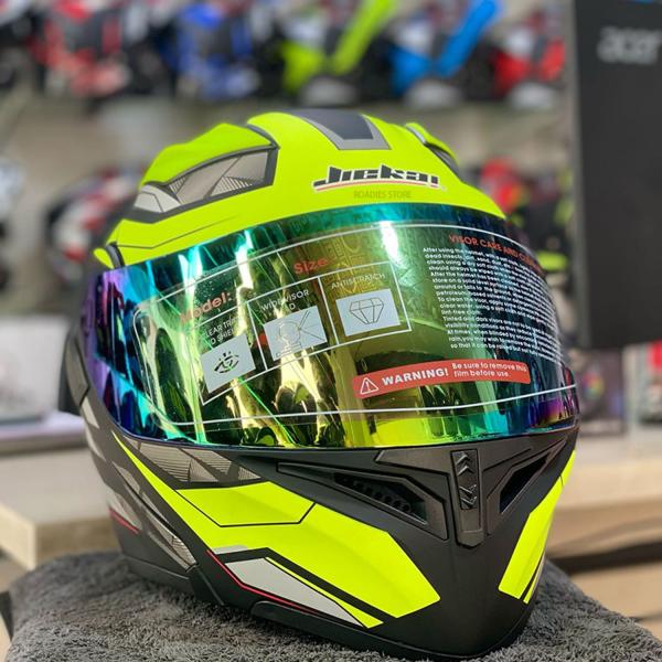 JIEKAI JK-902 Fluorescent Green Neon Dual Visor Helmet – DOT Approved with Built-In Spoiler & Red Line Accents
