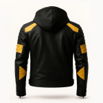 Chaqueta de cuero negra y amarilla para hombre con capucha desmontable