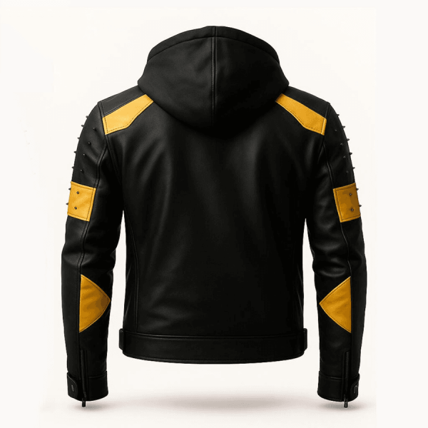 Chaqueta de cuero negra y amarilla para hombre con capucha desmontable