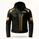 Chaqueta de cuero negra y amarilla para hombre con capucha desmontable