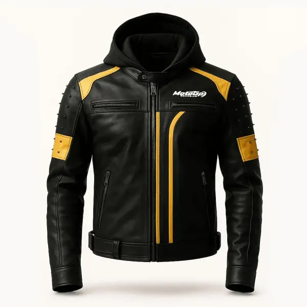 Men’s Black & Yellow Leather Jacket with Removable Hood