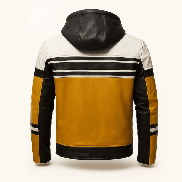 Gelb-Schwarz-Weiße Lederjacke mit Kapuze