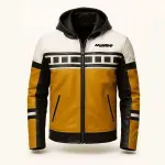 Gelb-Schwarz-Weiße Lederjacke mit Kapuze