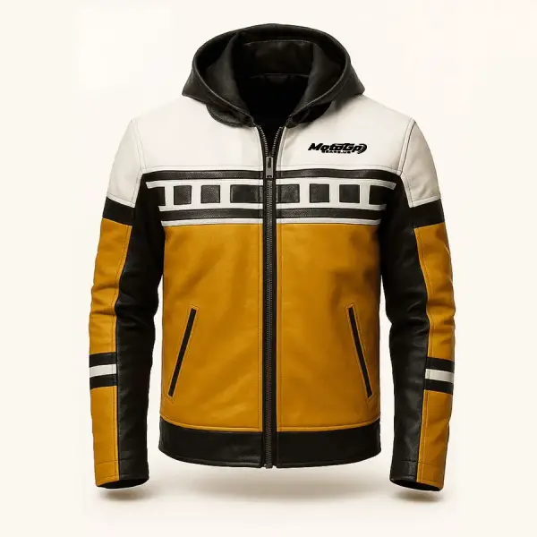 Gelb-Schwarz-Weiße Lederjacke mit Kapuze